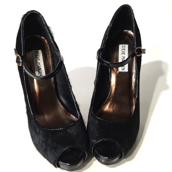 Steve Madden Laveda Black Leather Calf Hair Peep Toe Pumps Size 8M EUC! - Picture 10 of 11